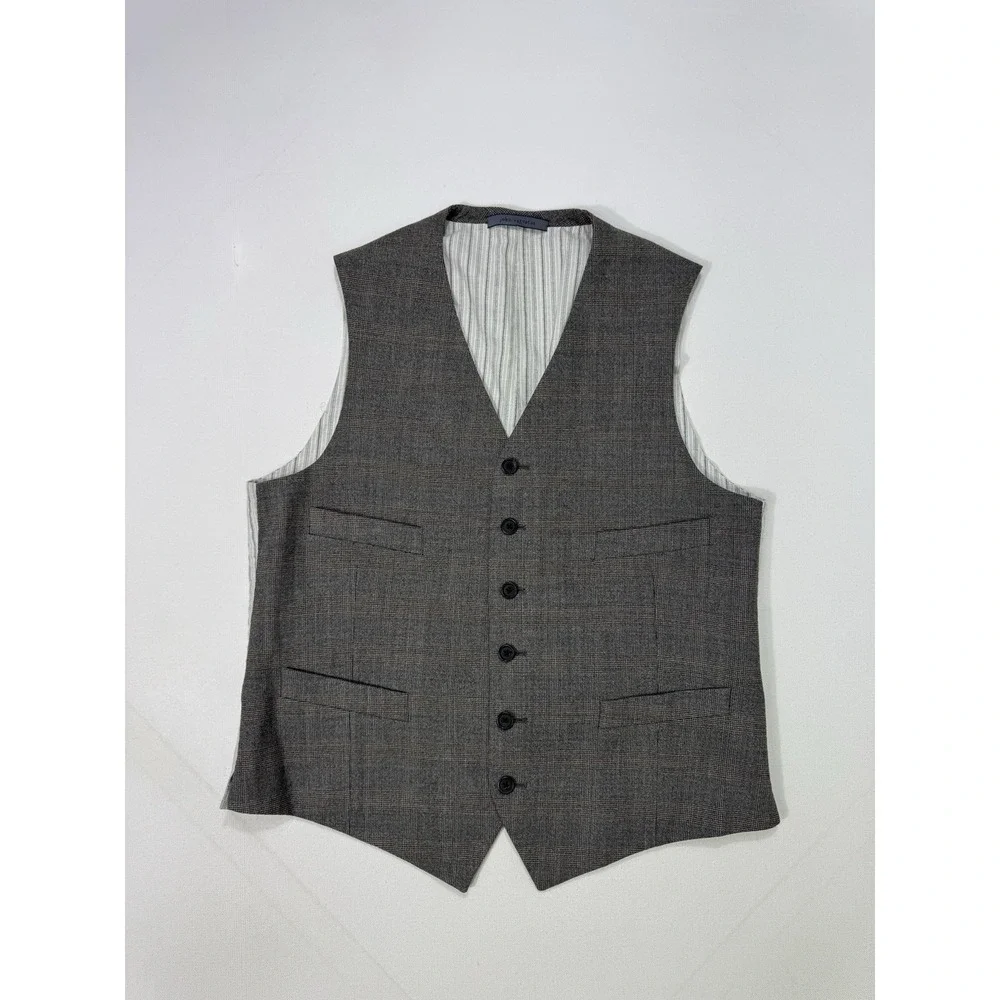 John Varvatos Mens Brown Houndstooth Plaid Vest 46 Wool Italy Slim Suit Vest